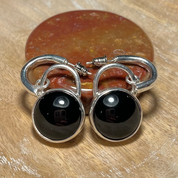 Taxco Mexico Black Onyx Circle 925 Sterling Silver Dangle Earrings - Picture 1 of 16